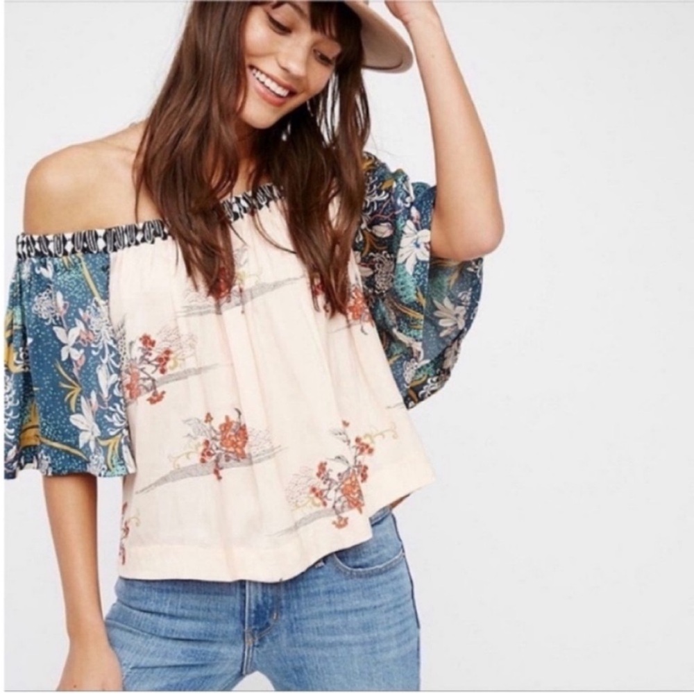 Free People Rockin' Rochelle shirt peach pink floral off the shoulder